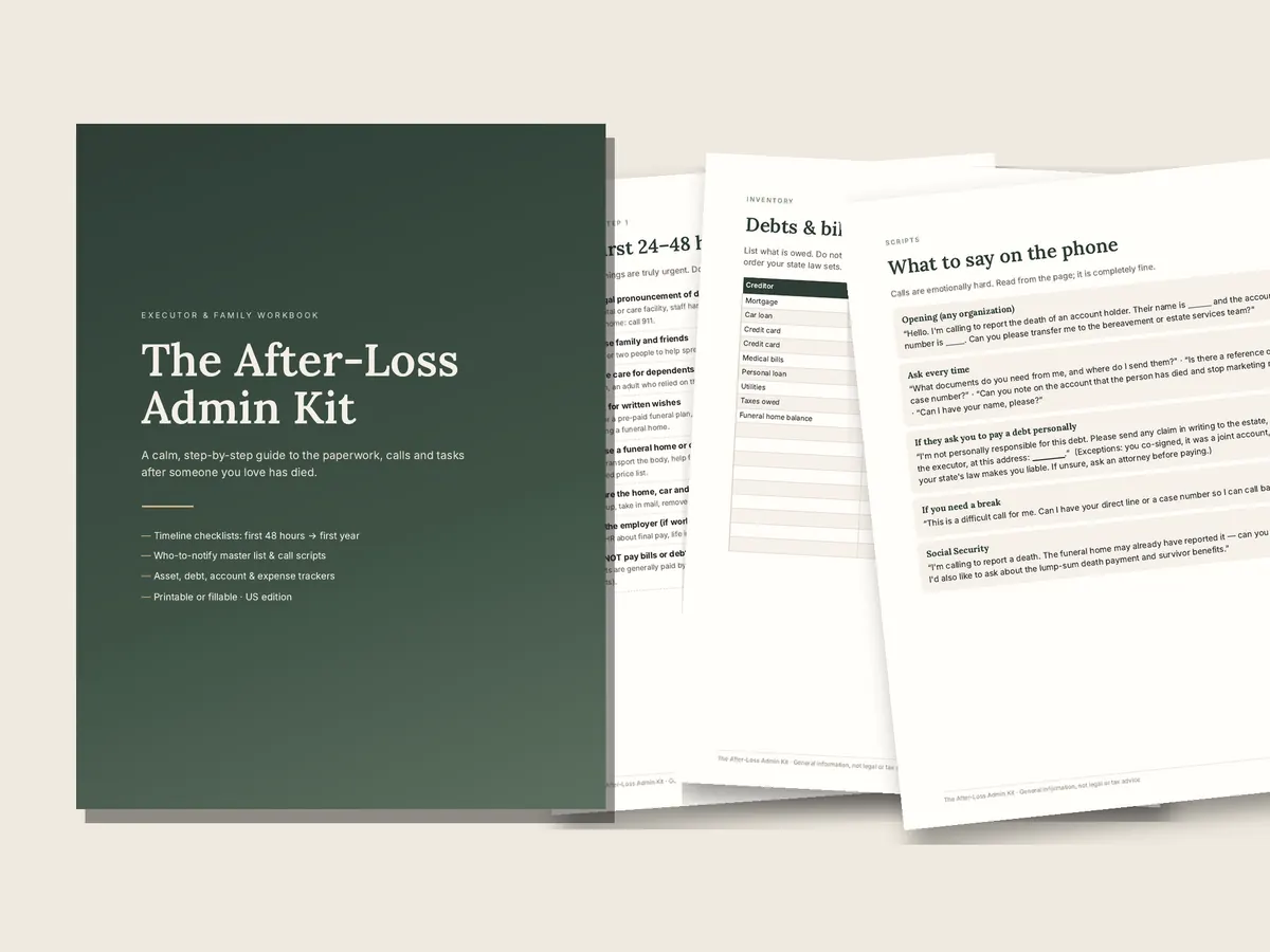 Pages from The After-Loss Admin Kit workbook