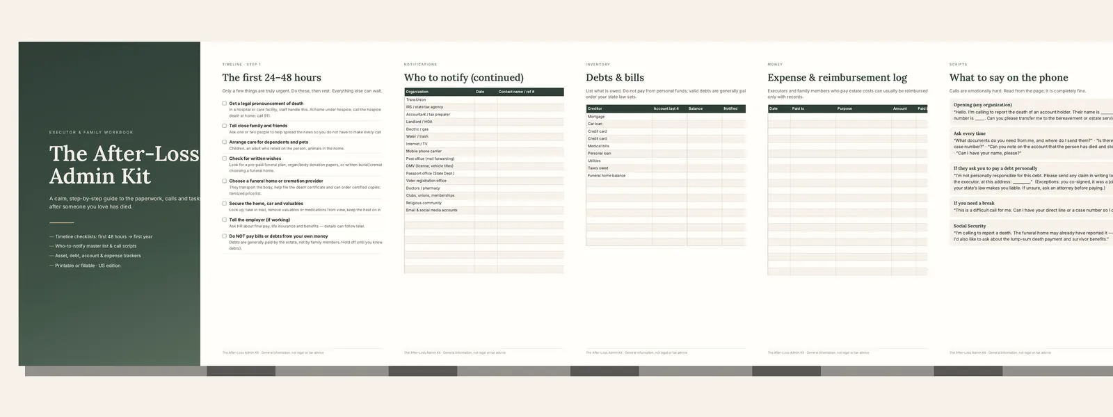 Preview of pages inside the After-Loss Admin Kit